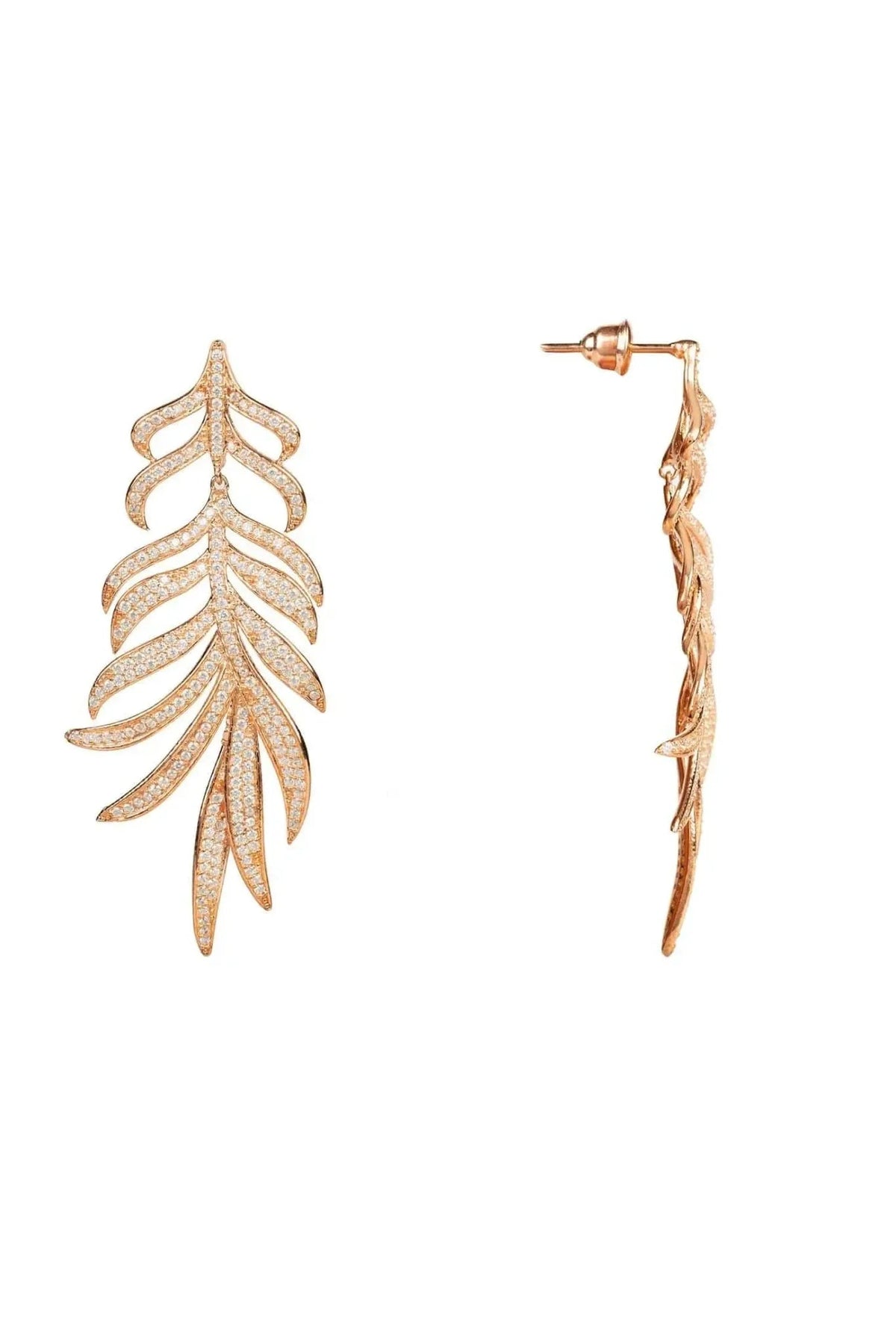 Feathered Leaf Statement Drop Earrings Rosegold