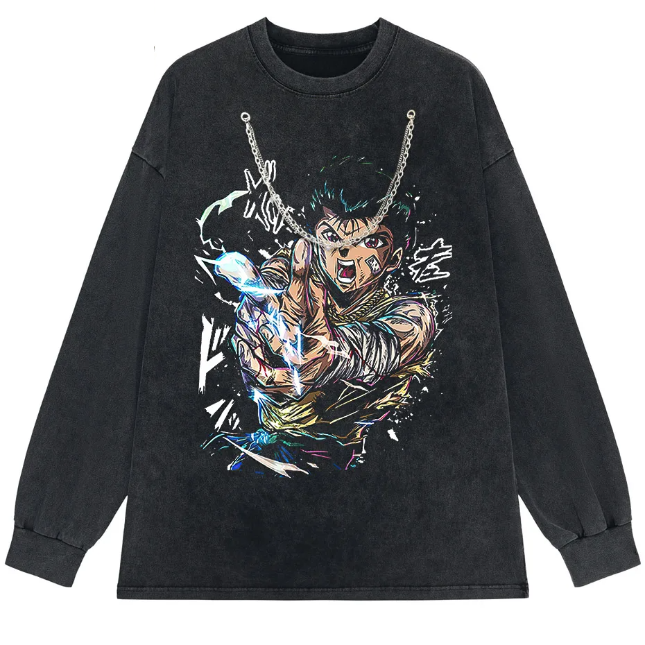 Hip Hop Vintage Washed T-Shirt Men Japanese Anime Boy Graphic Harajuku Streetwear Cotton Summer Tee-4