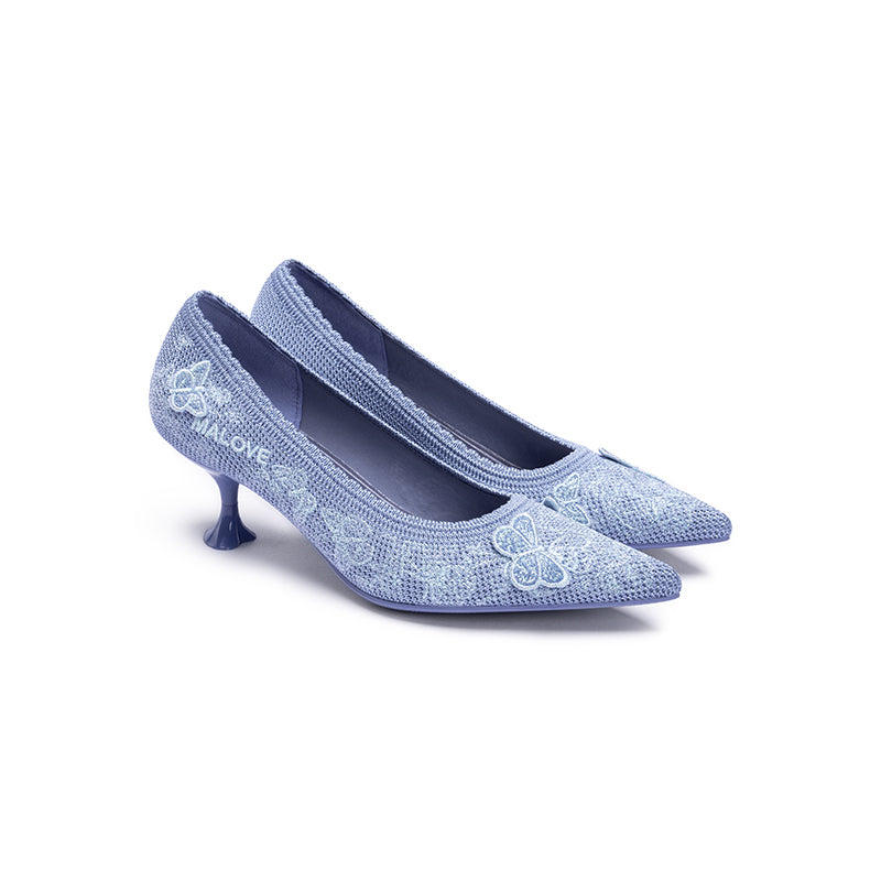Floral Butterfly Pointed Toe Kitten Heels – 3D Knit Cultural Pumps-1