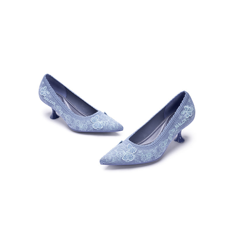 Floral Butterfly Pointed Toe Kitten Heels – 3D Knit Cultural Pumps-3