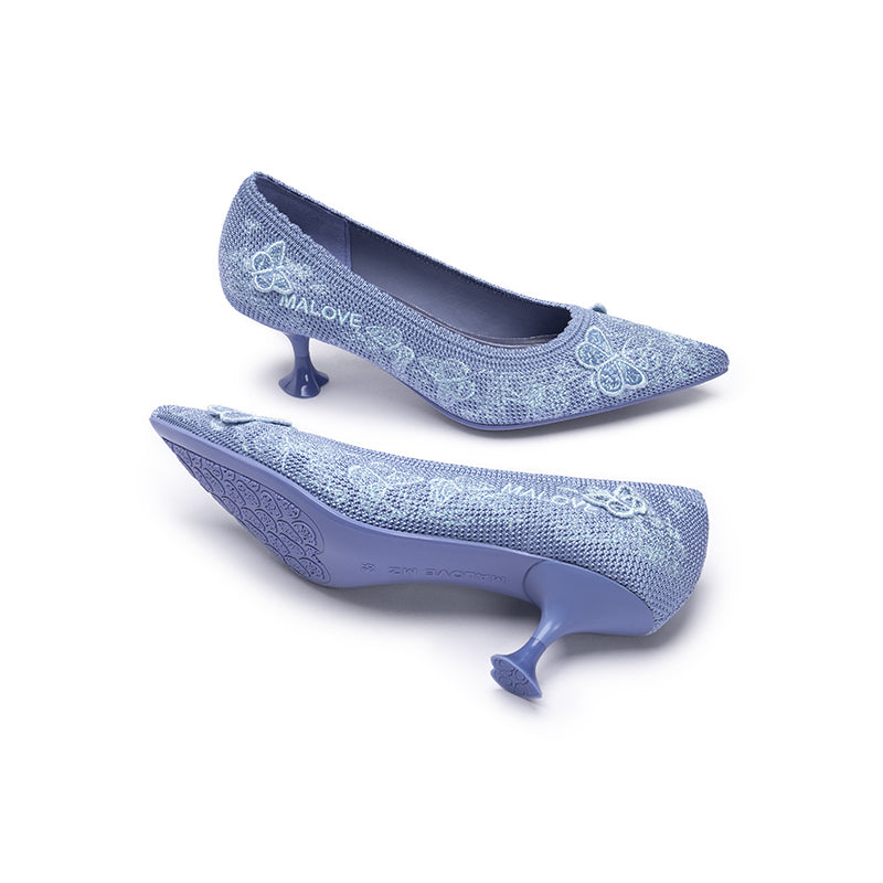 Floral Butterfly Pointed Toe Kitten Heels – 3D Knit Cultural Pumps-4
