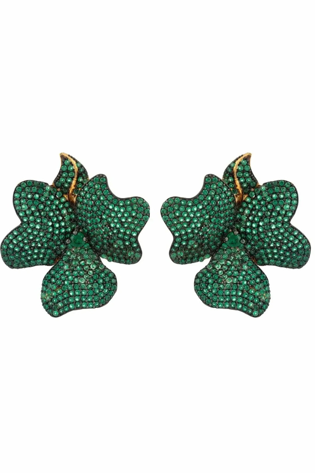 Flower Large Stud Earrings Gold Emerald Green