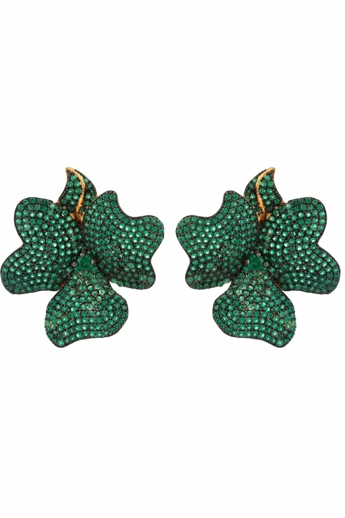 Flower Large Stud Earrings Gold Emerald Green