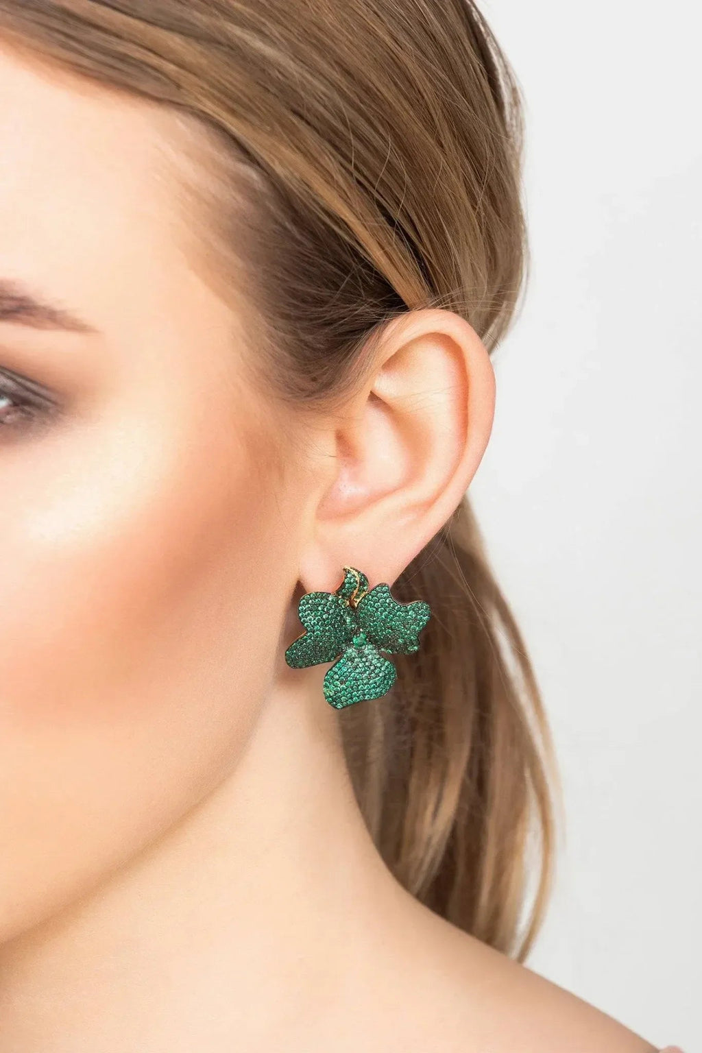 Flower Large Stud Earrings Gold Emerald Green