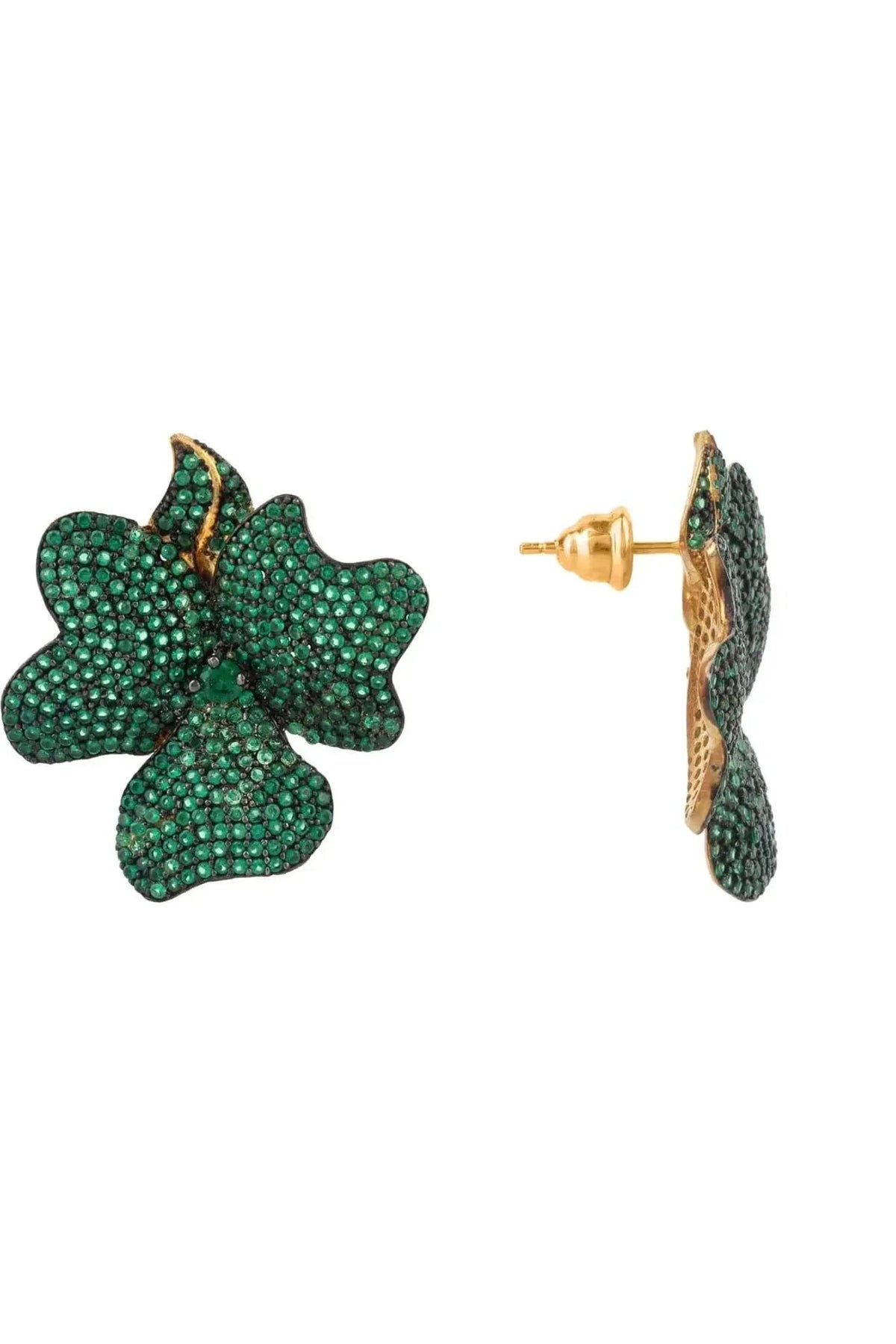 Flower Large Stud Earrings Gold Emerald Green