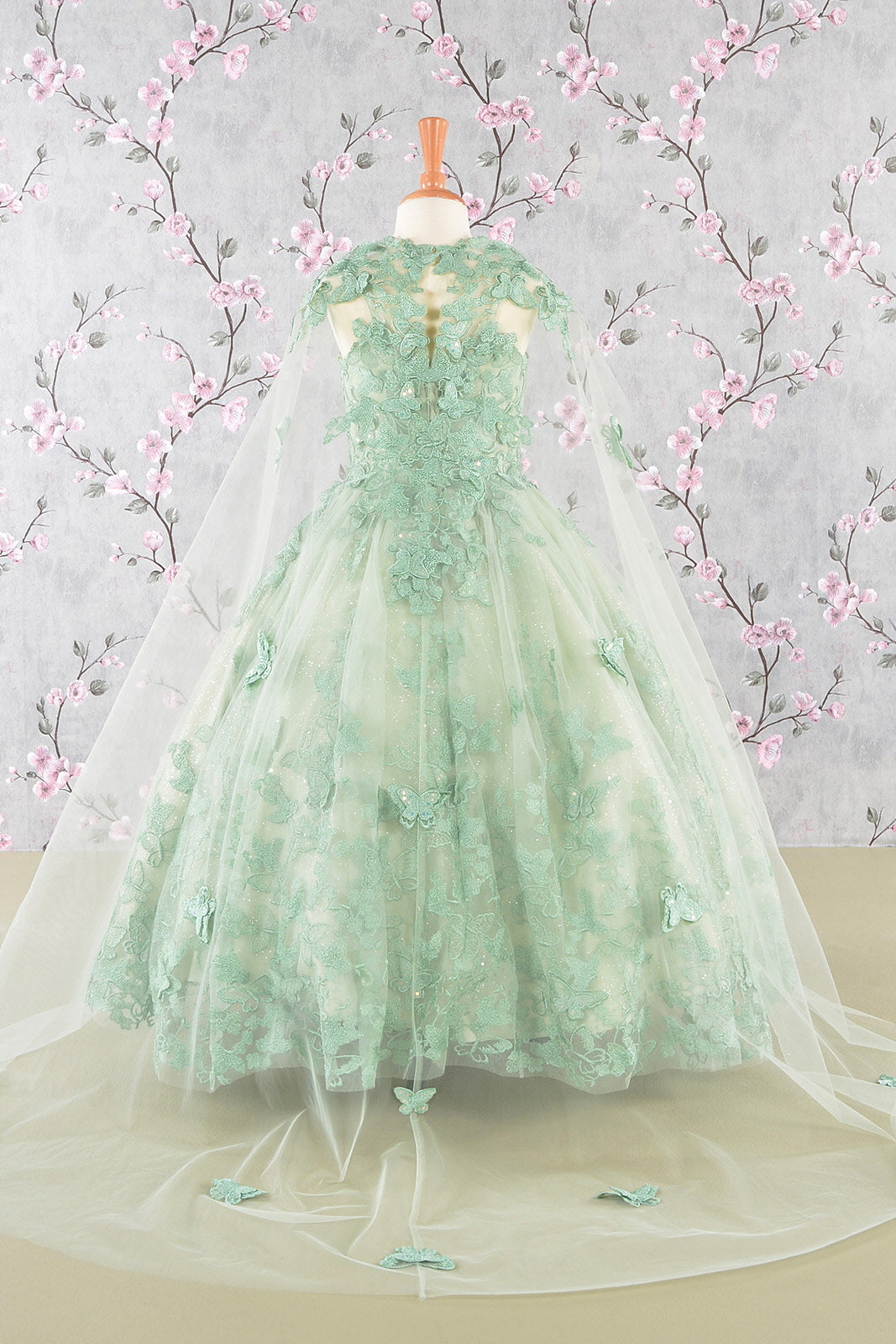 3-D Butterfly Sequin Mesh Kids Dress w/ Detachable Long Mesh Cape-6