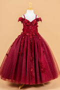 3D Flower and Butterfly Applique Cold Shoulder Embellished V-Neck Kids Dress-0