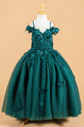 3D Flower and Butterfly Applique Cold Shoulder Embellished V-Neck Kids Dress-4