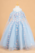 3D Flower Applique Embellished Kids Dress With Cold Shoulder Detachable Cape Sleeves-0