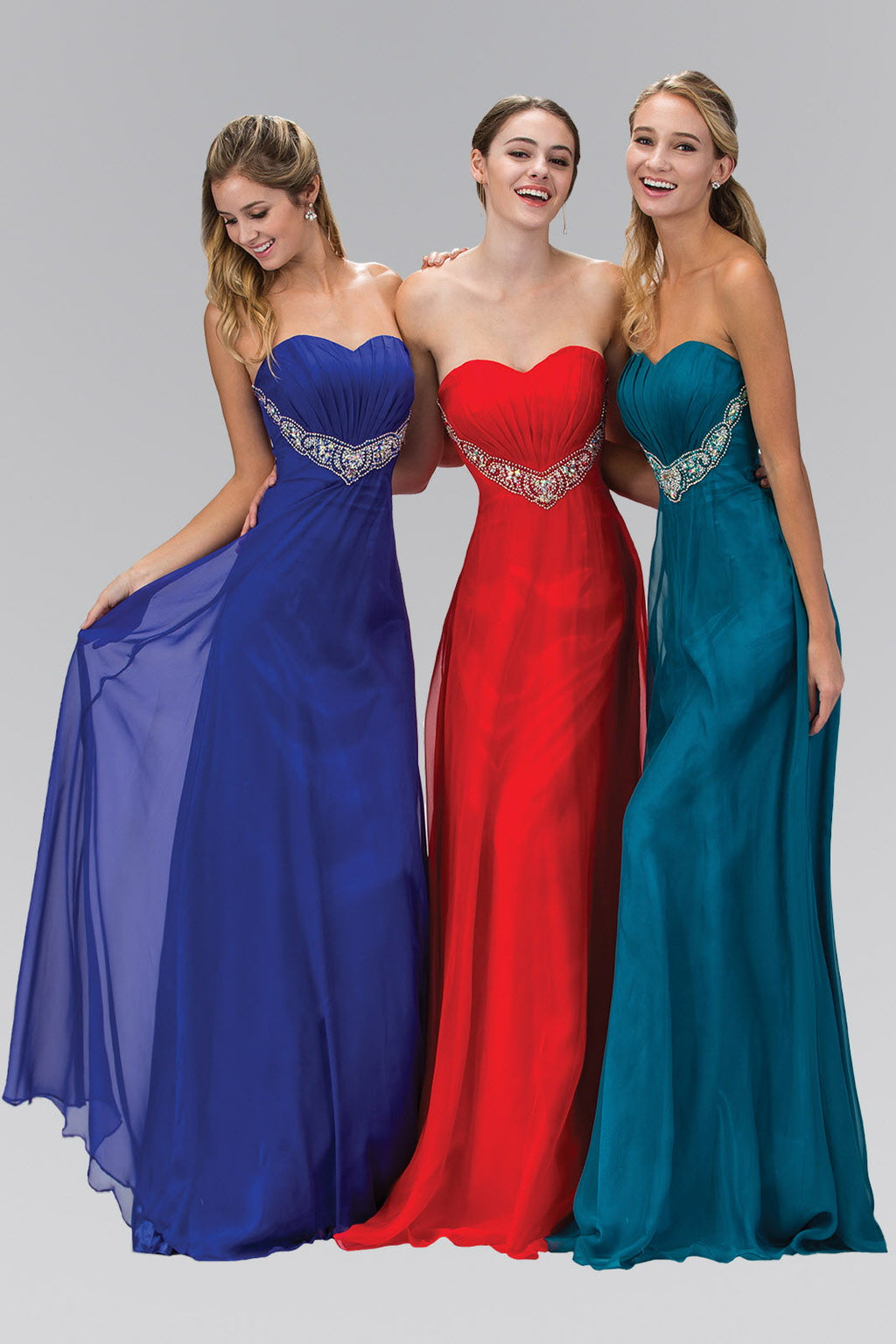Strapless Sweetheart Chiffon Long Dress with Pleated Bodice and Bead Detailing-0