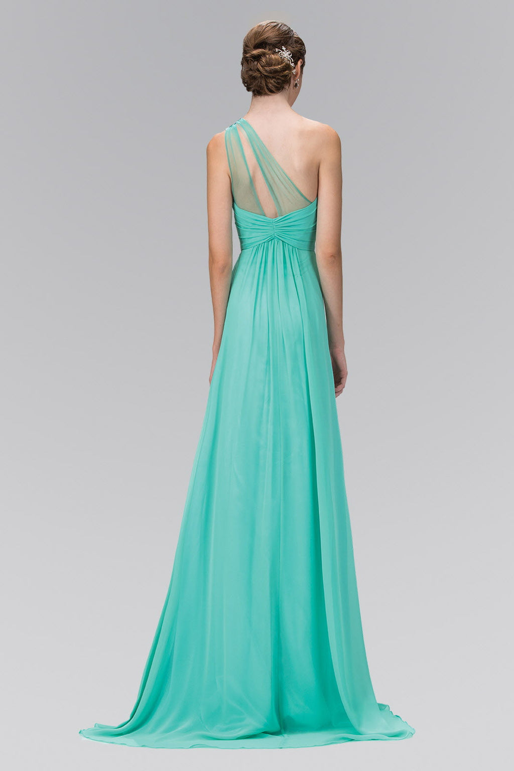 One Shoulder Chiffon Long Dress with Jewel Embellished Bodice and Ruched Waistline-1