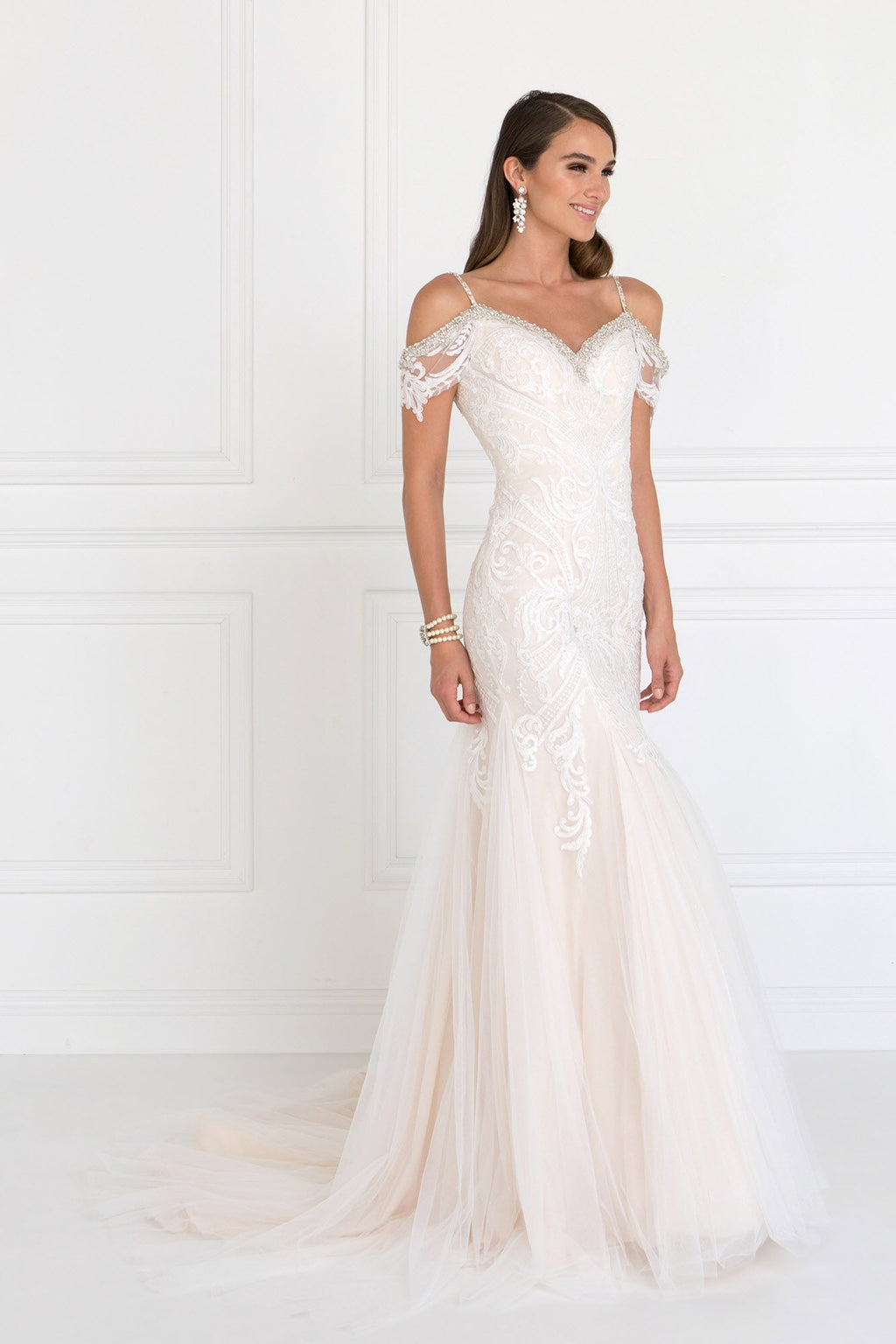 Tulle Off-Shoulder Sweetheart Mermaid Long Dress with Lace Applique-1