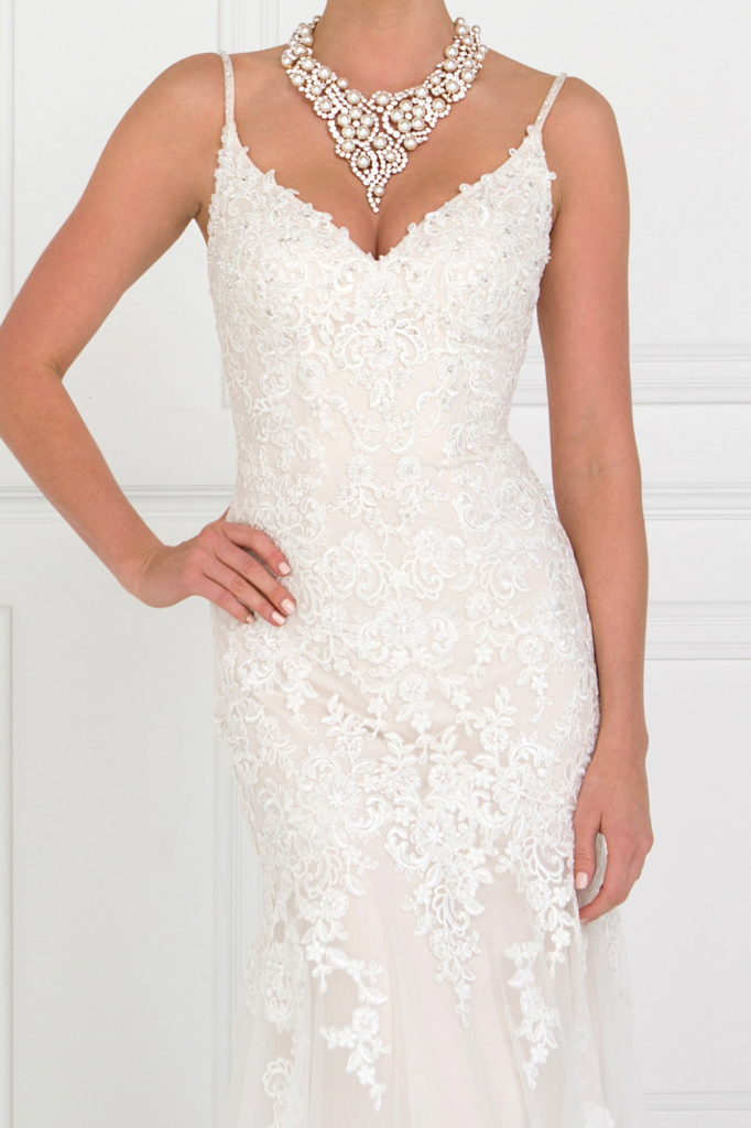 Lace V-Neck Mermaid Long Dress With Lace Applique-3