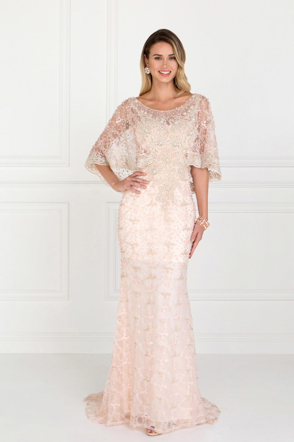 Mesh Mermaid Long Dress with Embroidered Cape Sleeves-1