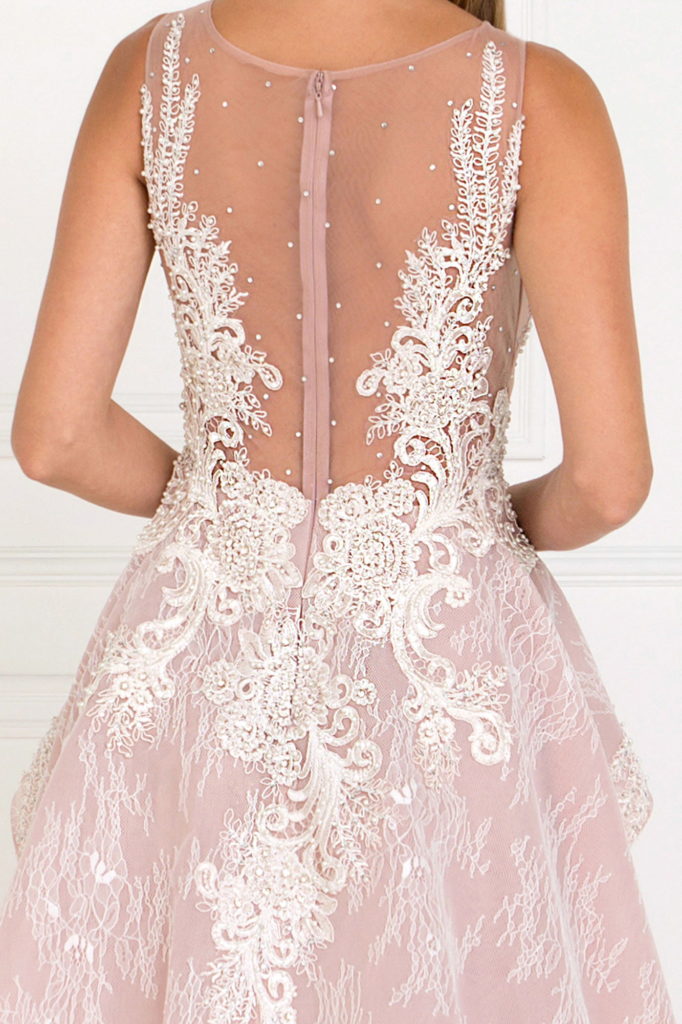 Lace Illusion Sweetheart A-Line Long Dress with Organza Overlay-4
