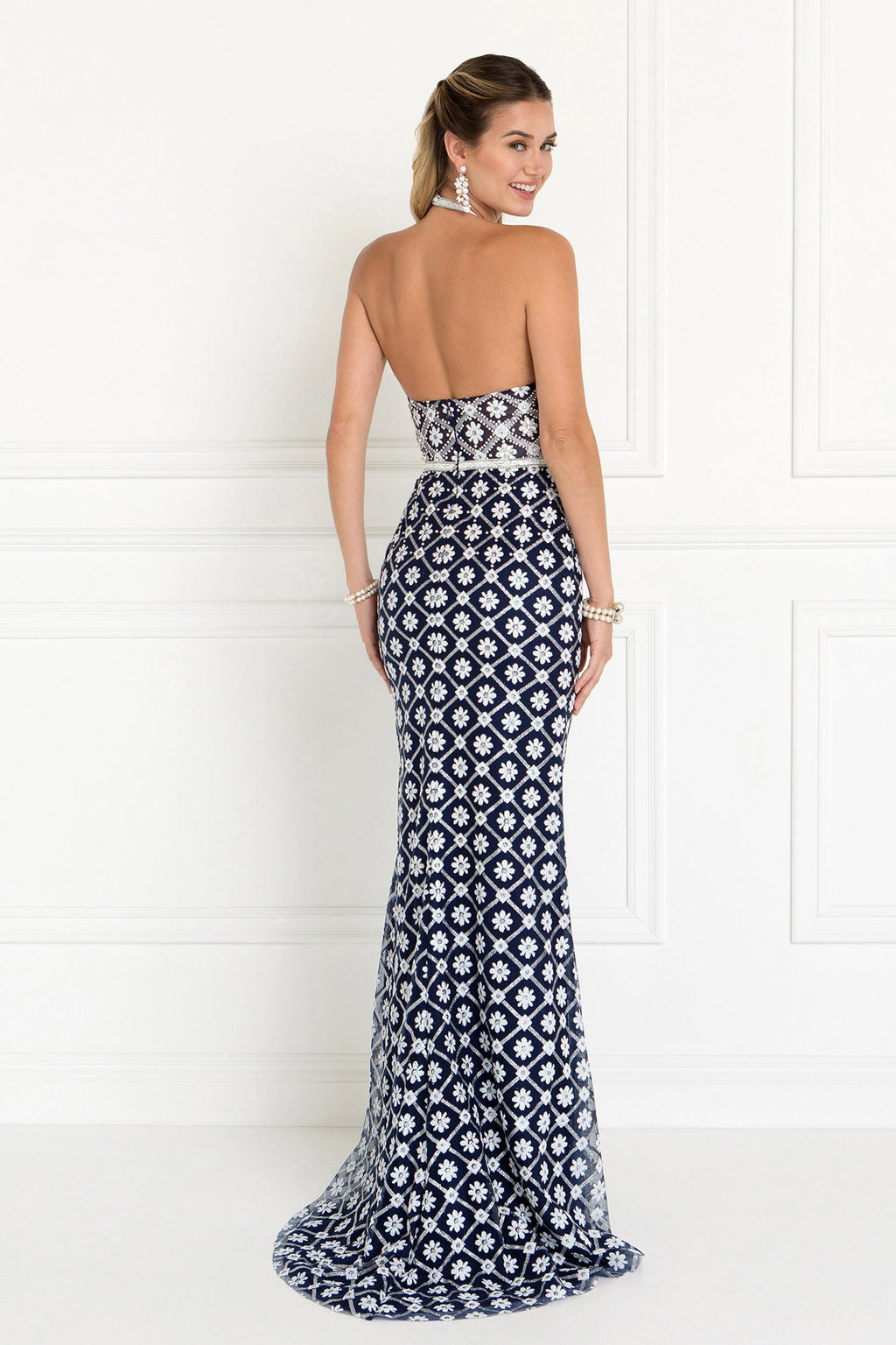 Tulle Halter Mermaid Long Dress with Jewels Embellished-4