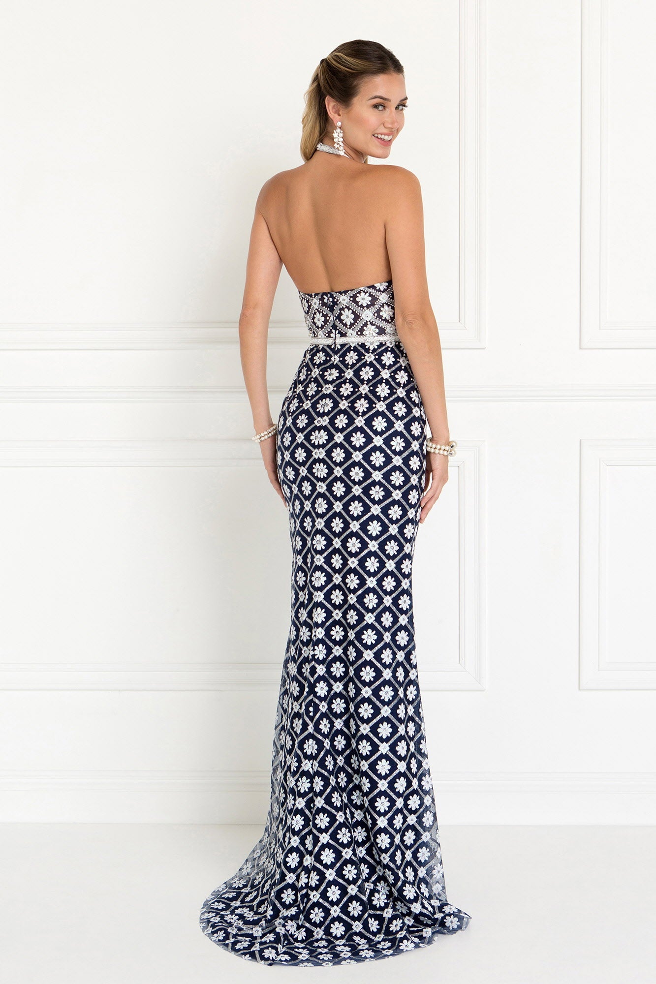 Tulle Halter Mermaid Long Dress with Jewels Embellished-4