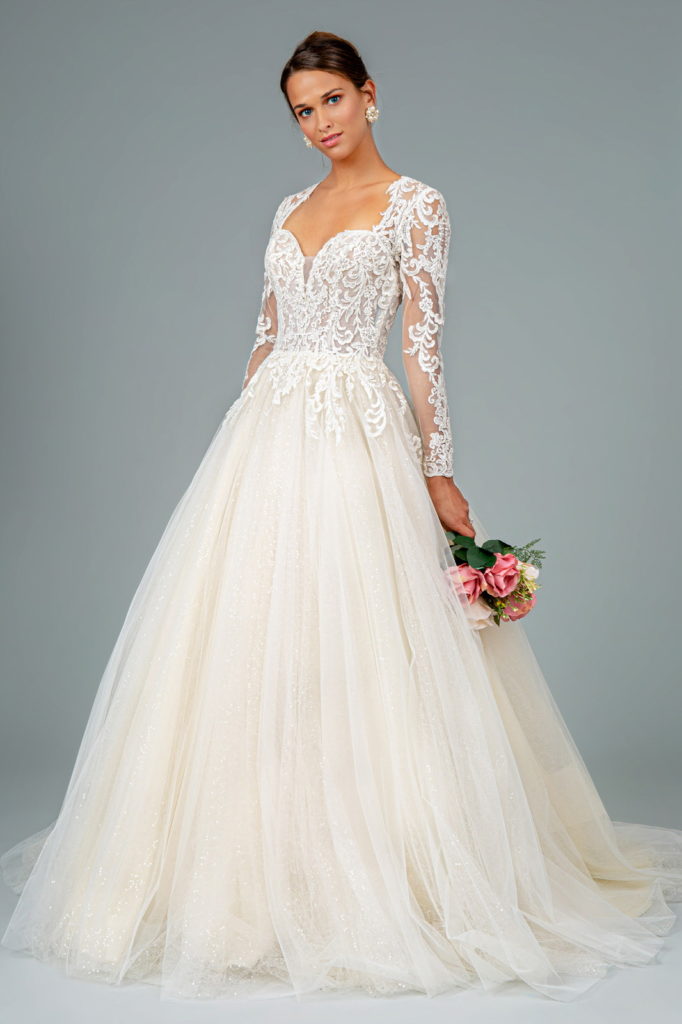 Illusion V-Neck Embroidered Mesh Wedding Gown w/ Sequin Lining-4