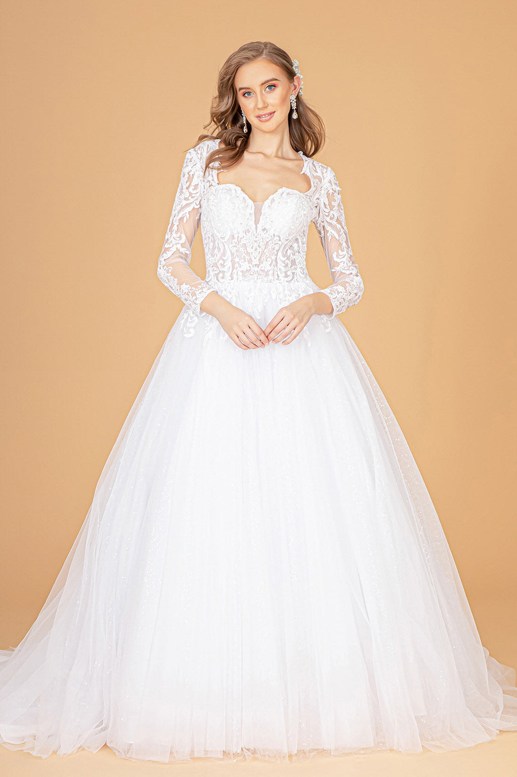 Illusion V-Neck Embroidered Mesh Wedding Gown w/ Sequin Lining-1