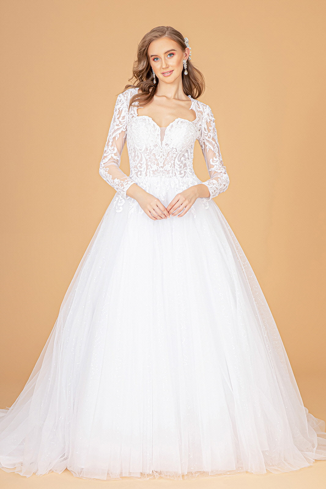 Illusion V-Neck Embroidered Mesh Wedding Gown w/ Sequin Lining-1