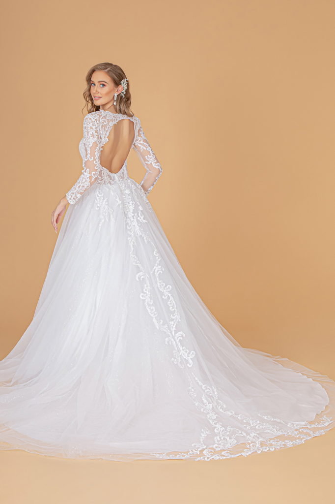 Illusion V-Neck Embroidered Mesh Wedding Gown w/ Sequin Lining-2