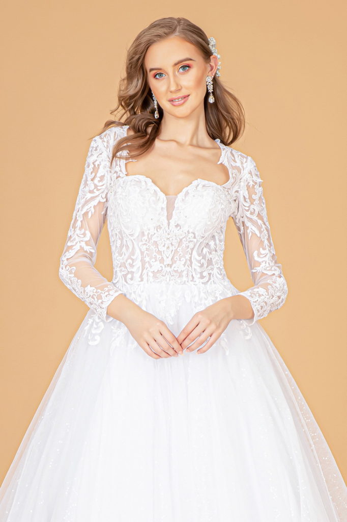 Illusion V-Neck Embroidered Mesh Wedding Gown w/ Sequin Lining-3