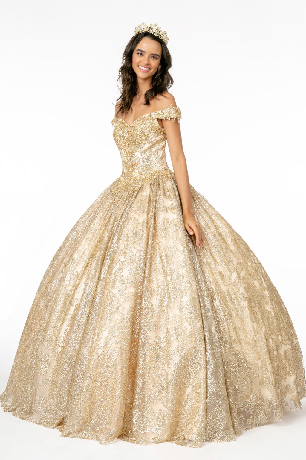 Sweetheart Neckline Cut-Away Shoulder Glitter Mesh Quinceanera Dress-1