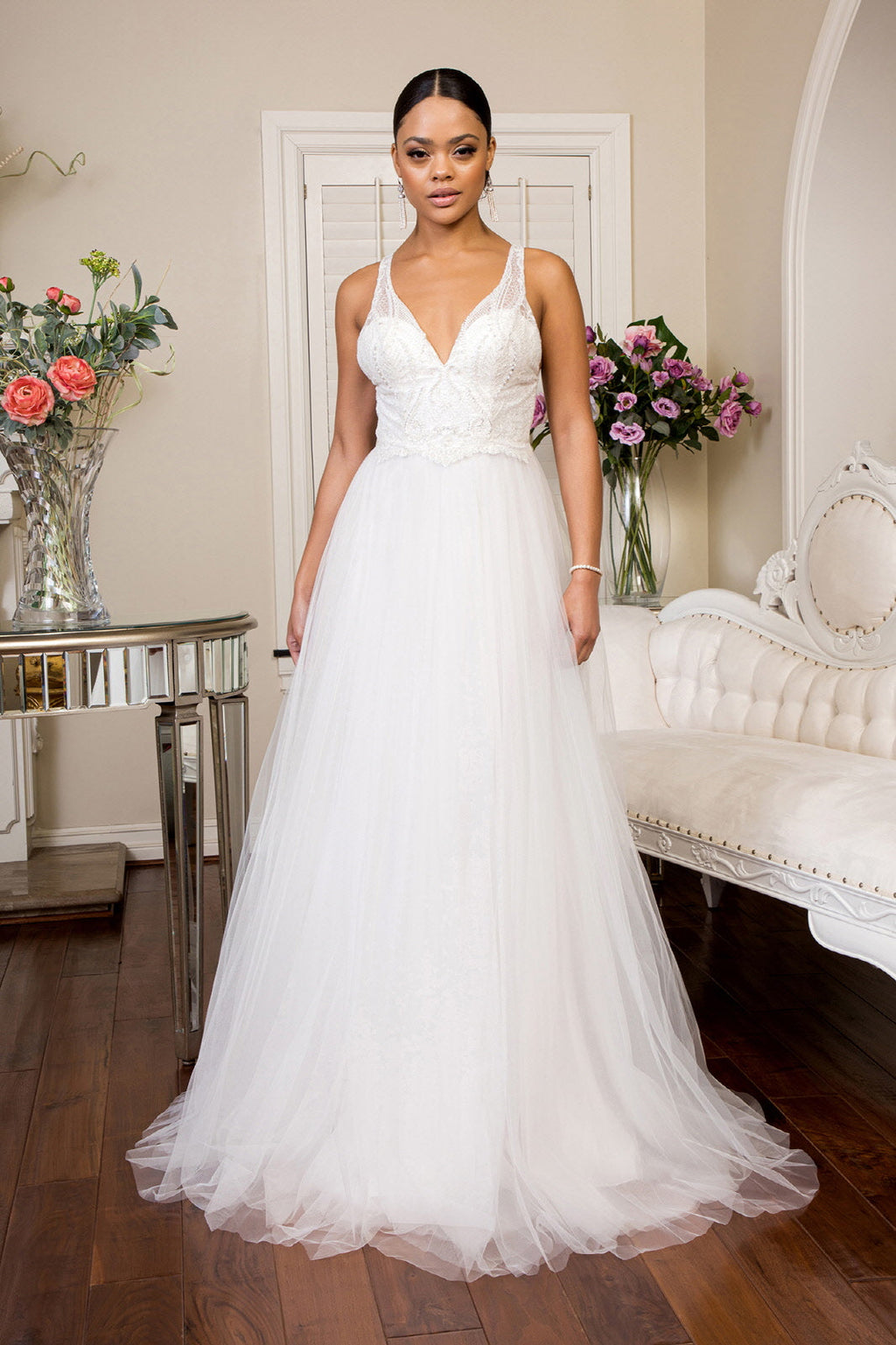 Beads Embellished Bodice Glitter Mesh Wedding Gown-1
