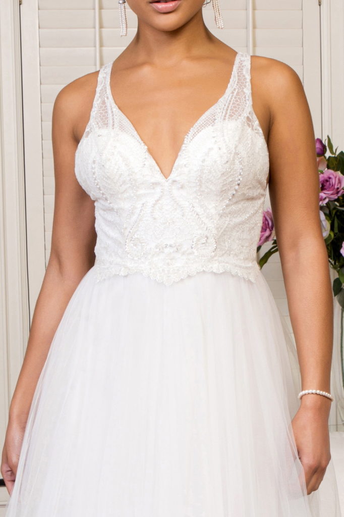 Beads Embellished Bodice Glitter Mesh Wedding Gown-3