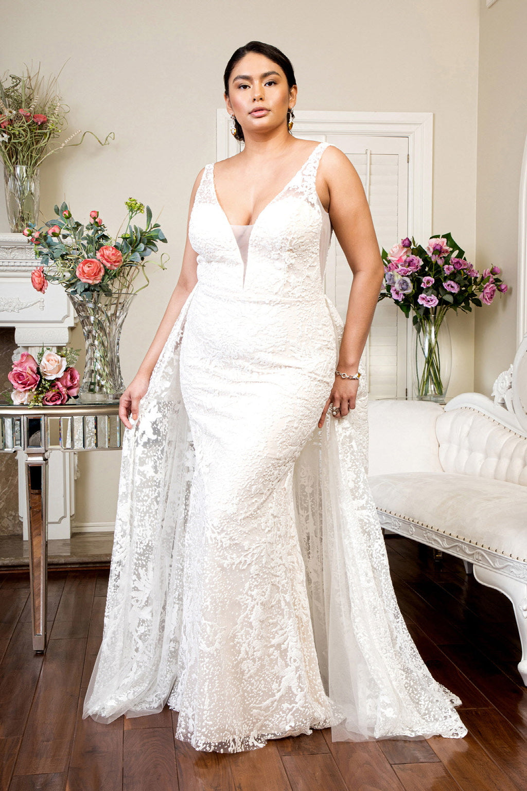 Illusion V-Neck Sheer Side and Back Mermaid Wedding Gown w/ Detachable Mesh Layer - Mask Not Included-1
