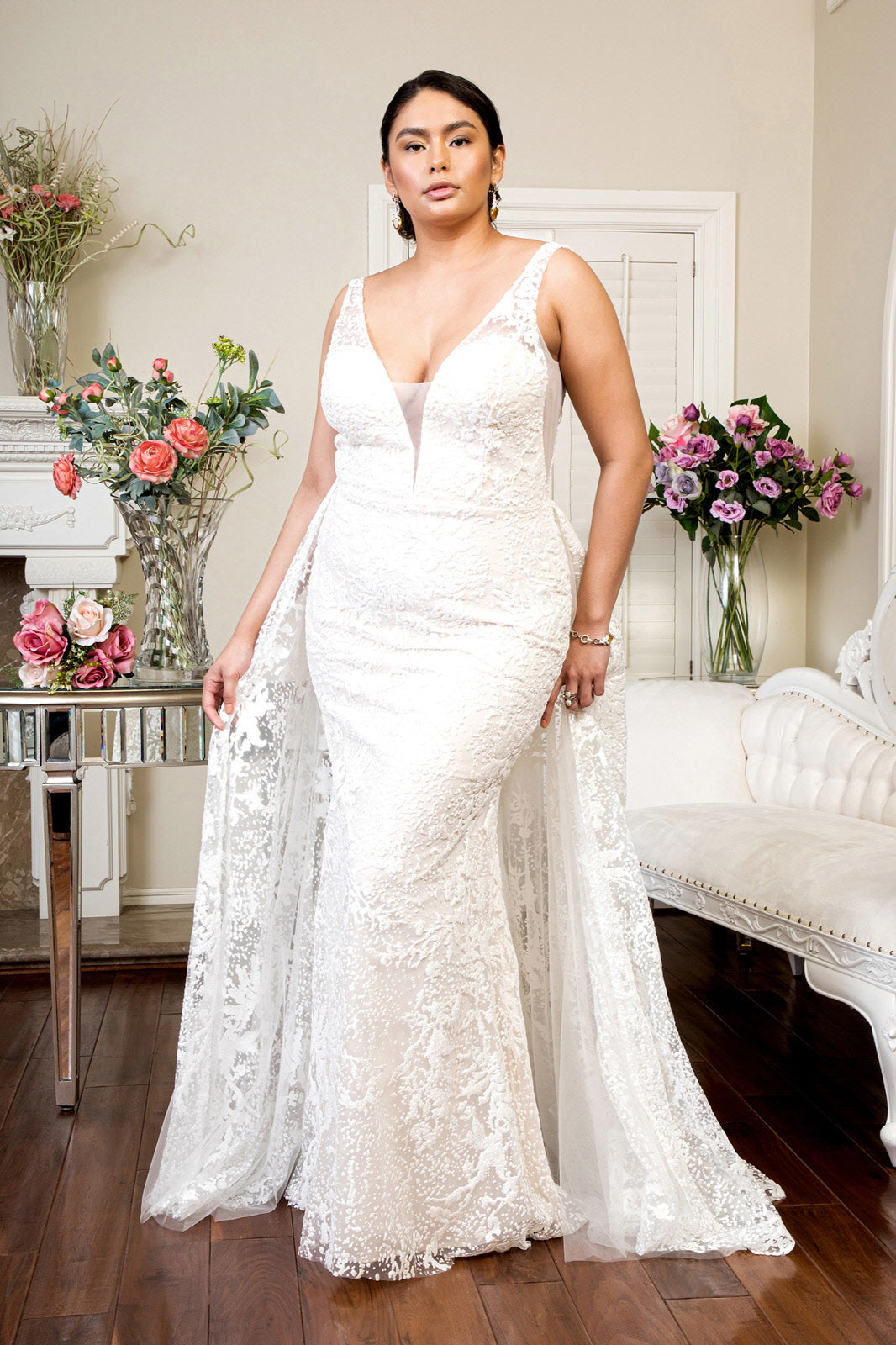 Illusion V-Neck Sheer Side and Back Mermaid Wedding Gown w/ Detachable Mesh Layer - Mask Not Included-1