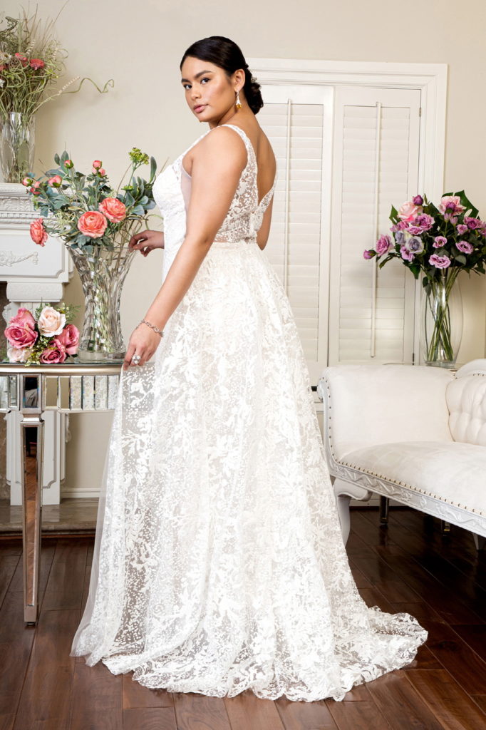 Illusion V-Neck Sheer Side and Back Mermaid Wedding Gown w/ Detachable Mesh Layer - Mask Not Included-2