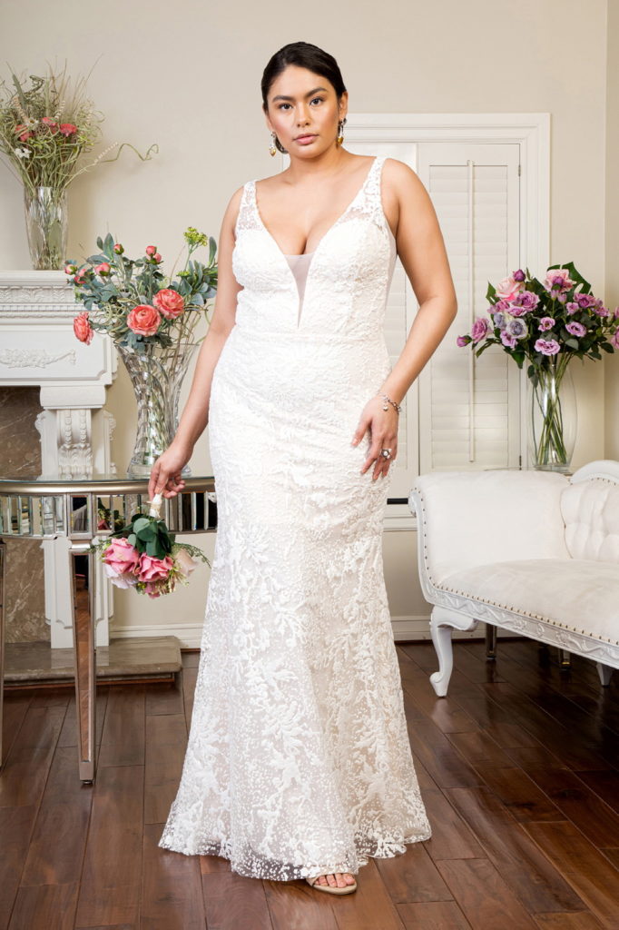 Illusion V-Neck Sheer Side and Back Mermaid Wedding Gown w/ Detachable Mesh Layer - Mask Not Included-3