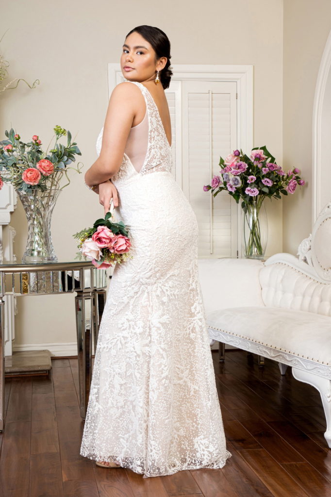 Illusion V-Neck Sheer Side and Back Mermaid Wedding Gown w/ Detachable Mesh Layer - Mask Not Included-4