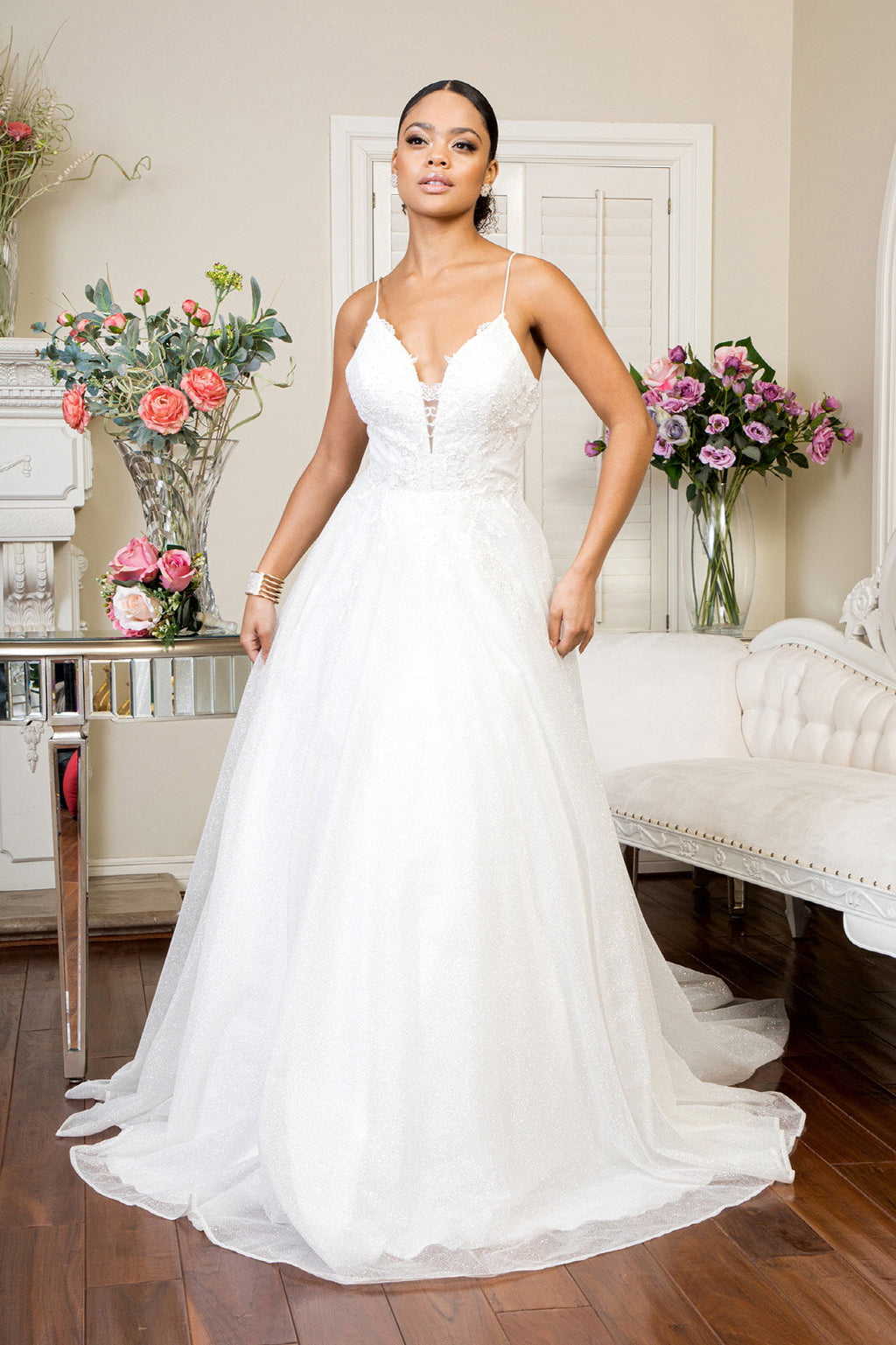 Embroidered Bodice Sweethearted Glitter Mesh Wedding Gown-1
