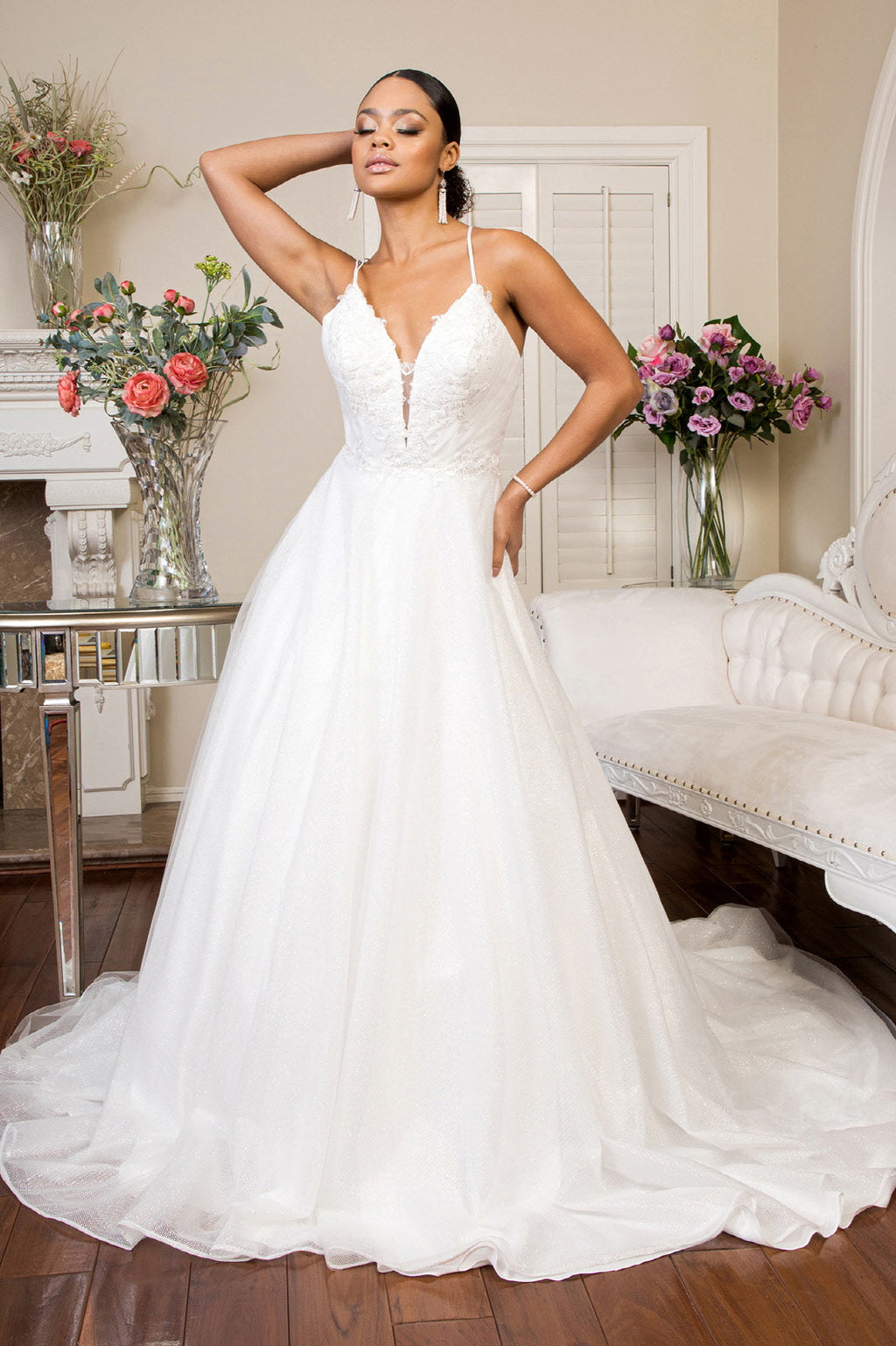 Embroidered Bodice Sweethearted Glitter Mesh Wedding Gown w/ Spaghetti Strap-1