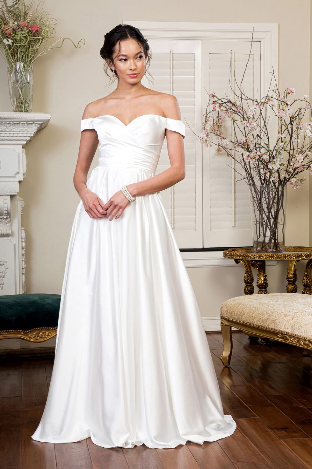 Pleated Waistline Sweethearted Cut-Away Shoulder Satin A-Line Dress-1
