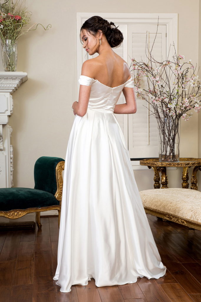 Pleated Waistline Sweethearted Cut-Away Shoulder Satin A-Line Dress-2