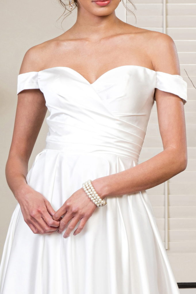 Pleated Waistline Sweethearted Cut-Away Shoulder Satin A-Line Dress-3