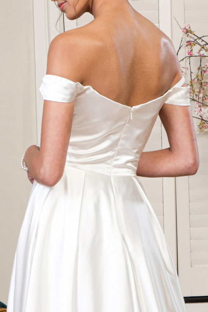 Pleated Waistline Sweethearted Cut-Away Shoulder Satin A-Line Dress-4