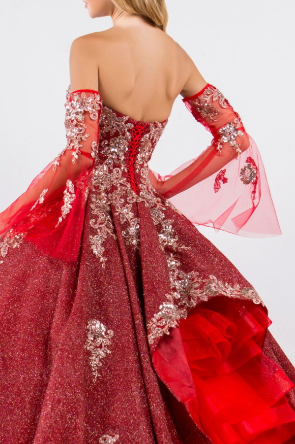 Sweethearted Ruffle Tail Quinceanera Dress w/ Detached Mesh Sleeve - Mask Not Included-6