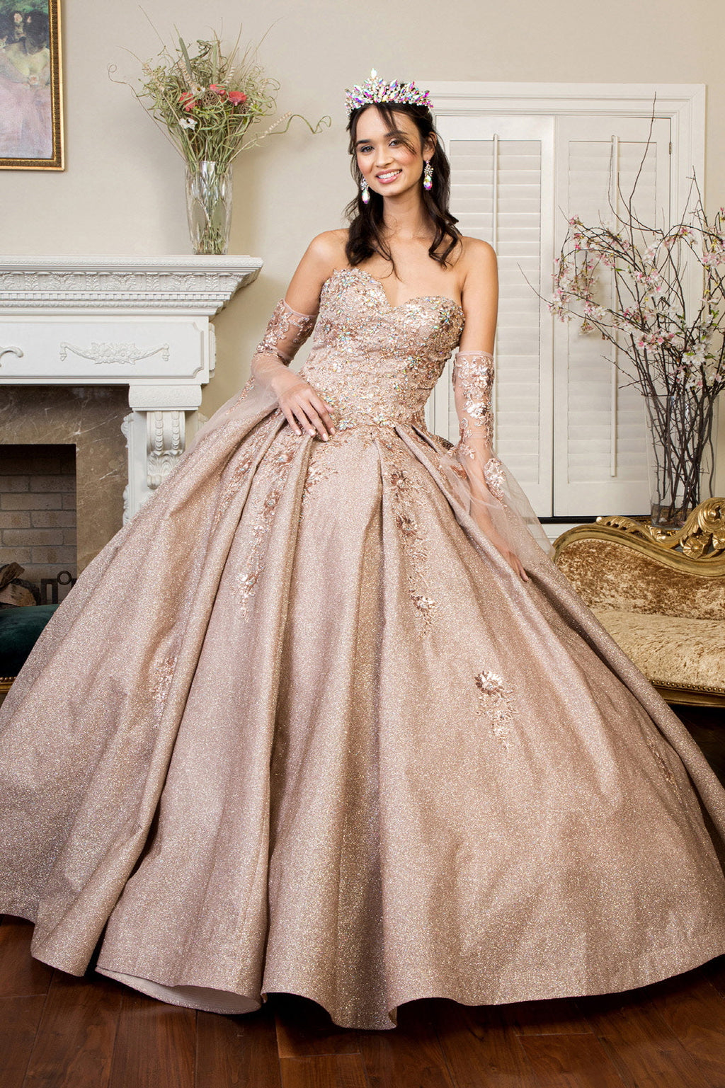 Sweethearted Ruffle Tail Quinceanera Dress w/ Detached Mesh Sleeve - Mask Not Included-1