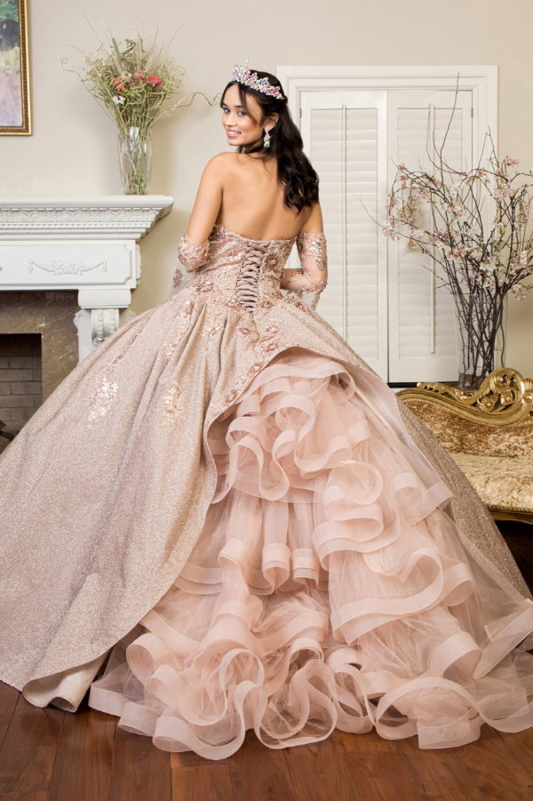 Sweethearted Ruffle Tail Quinceanera Dress w/ Detached Mesh Sleeve - Mask Not Included-3
