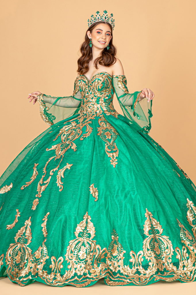 Sequin Embellished Glitter Mesh Quinceanera Dress w/ Detached Mesh Sleeve-2