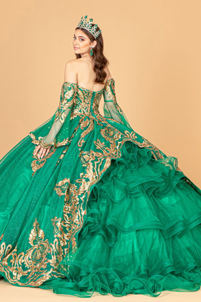 Sequin Embellished Glitter Mesh Quinceanera Dress w/ Detached Mesh Sleeve-4