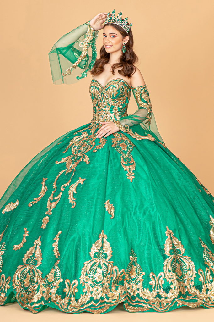 Sequin Embellished Glitter Mesh Quinceanera Dress w/ Detached Mesh Sleeve-3