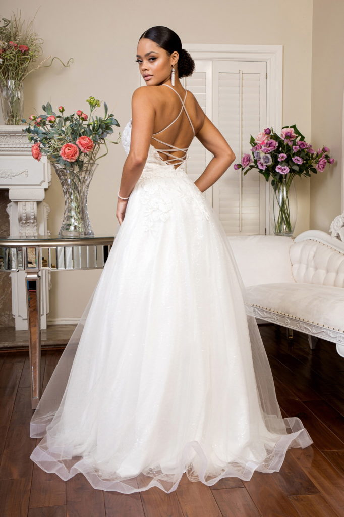 V-Neck Floral Embroidery Sequin Mesh Wedding Gown w/ Lace Up Back-2