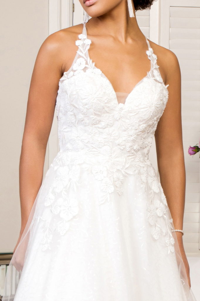 V-Neck Floral Embroidery Sequin Mesh Wedding Gown w/ Lace Up Back-3
