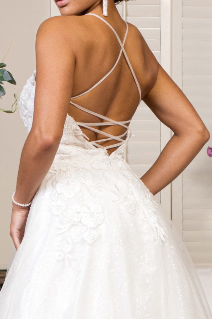V-Neck Floral Embroidery Sequin Mesh Wedding Gown w/ Lace Up Back-4