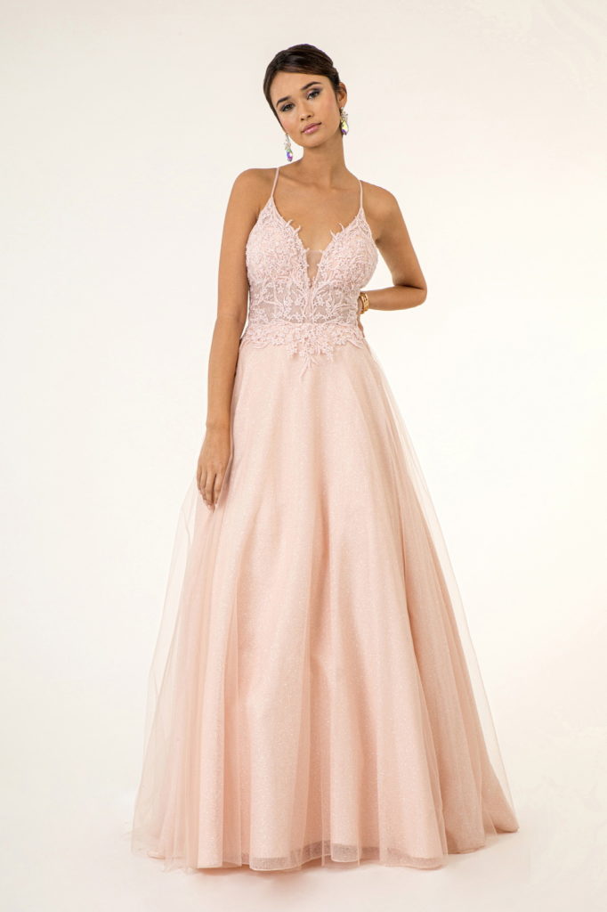 V-Neck Floral Embroidery Embellished Bodice Glitter Mesh Long Dress-4